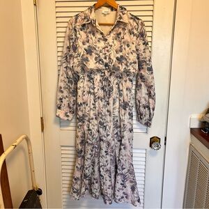 Love Floral Long-Sleeve Buttonup Midi Dress in Pale Pink and Gray, lined, modest